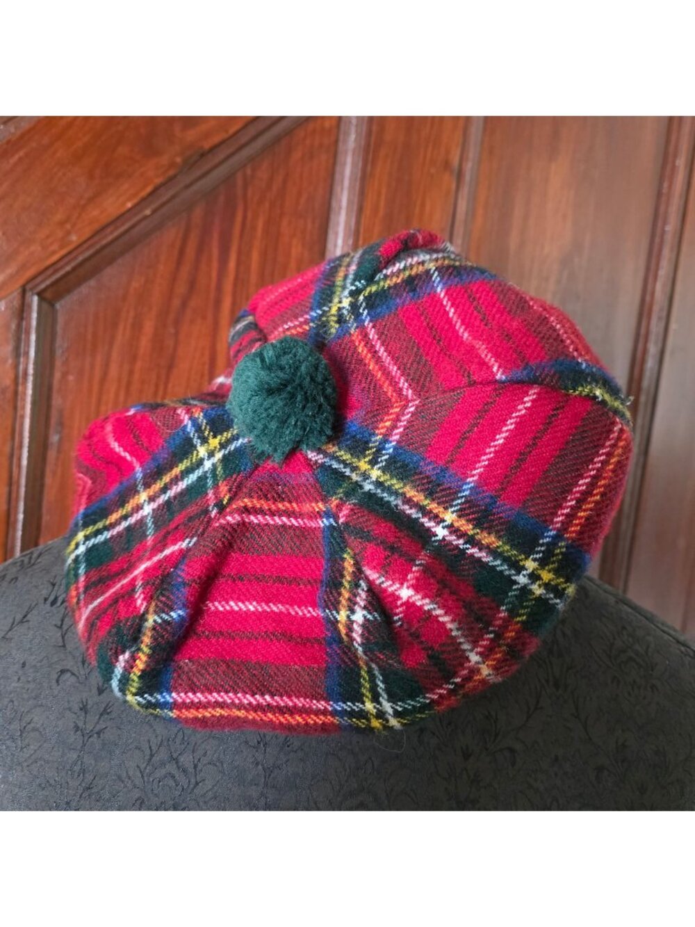 Royal Stewart Tartan Beret By Lochcarron Of Scotland 100% Wool With Green Pom Po